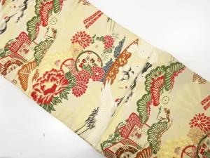 アンティーク　松・鶴・牡丹に御所車模様織り出し丸帯（着用可）